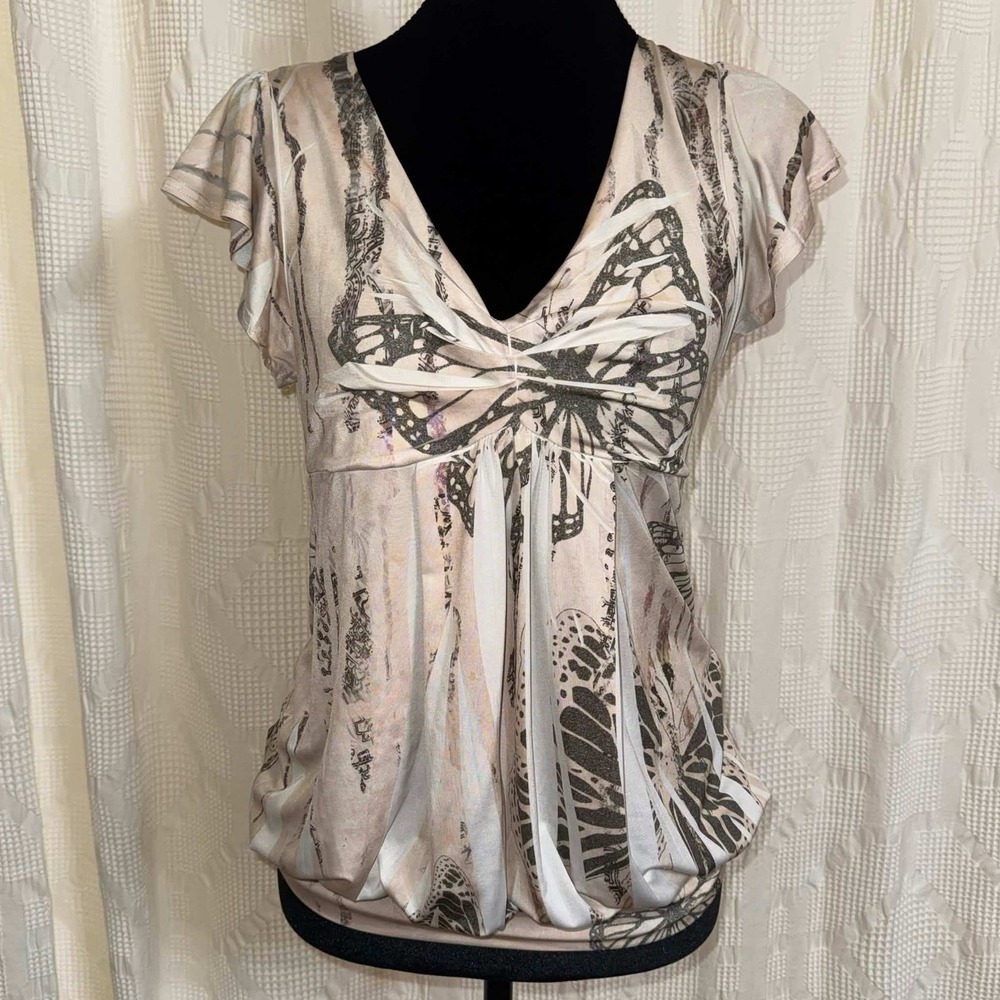 Vintage Blue Asphalt Butterfly Print V-Neck Flutter Sleeve Top Beige Brown M